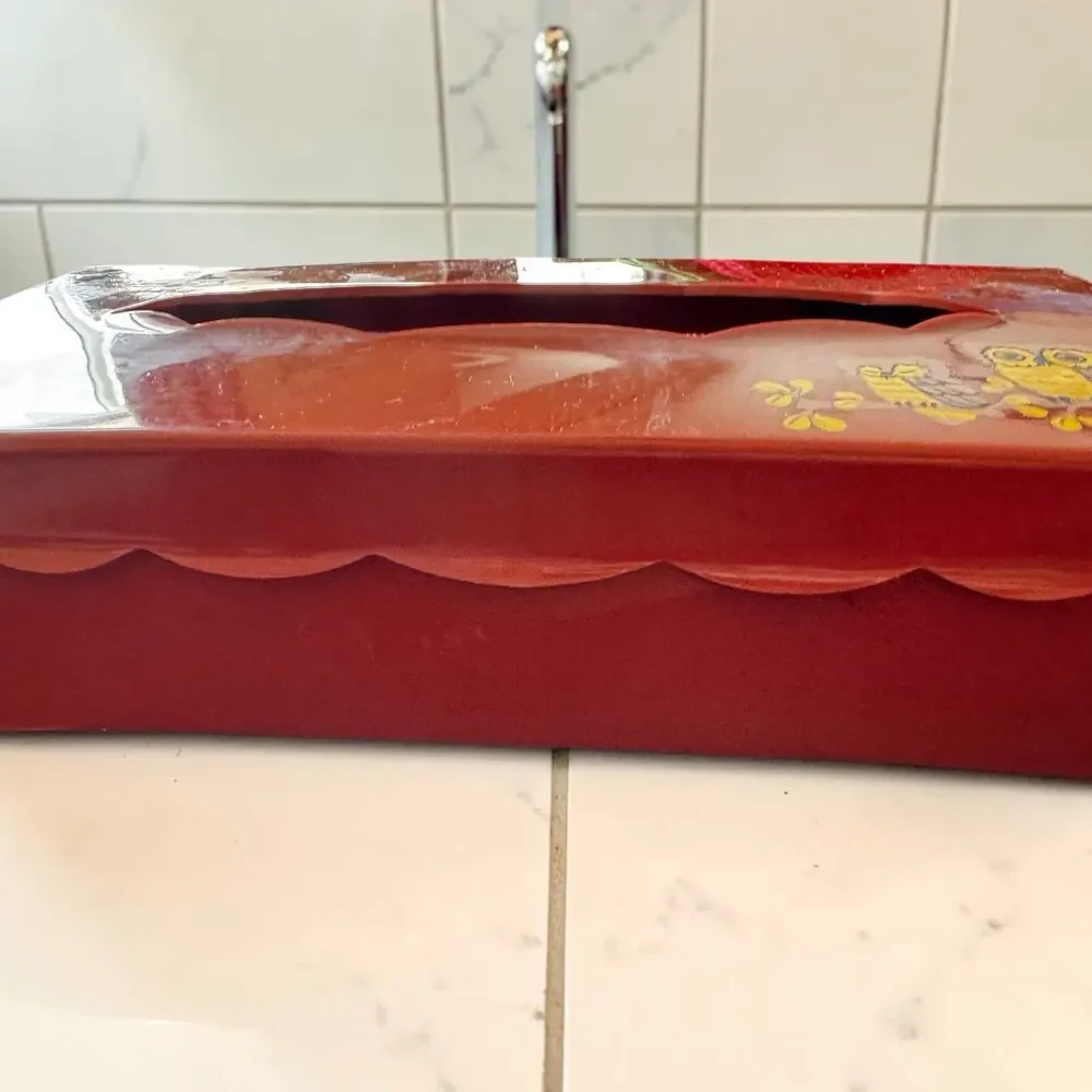 Vintage 1970s Wolff Products Owl Tissue Box Cover Burnt Orange Plastic Hinged